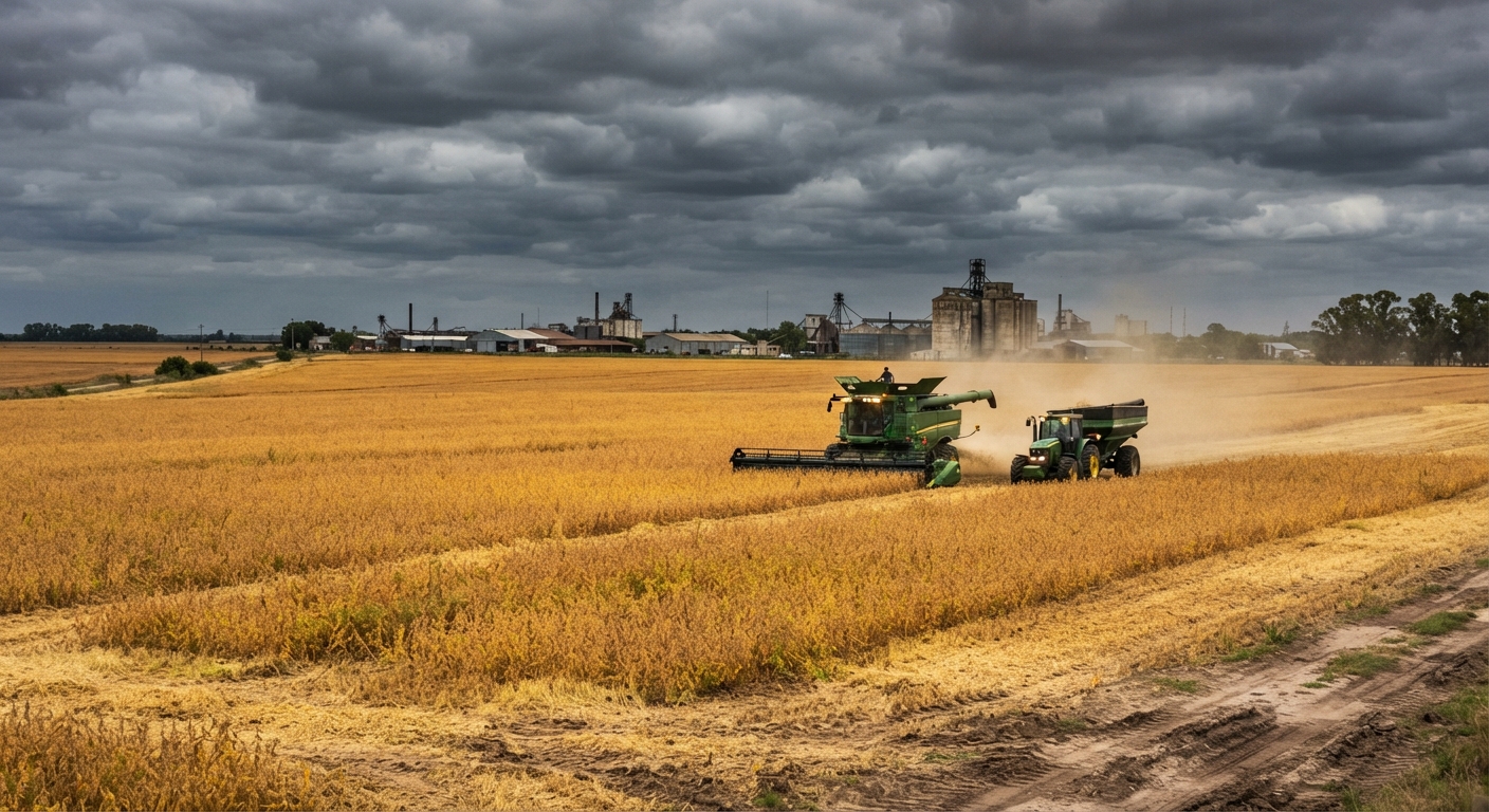 Cosechadora y tractor trabajando en un campo de cultivo en Santa Fe, con silos y un cielo nublado de fondo.